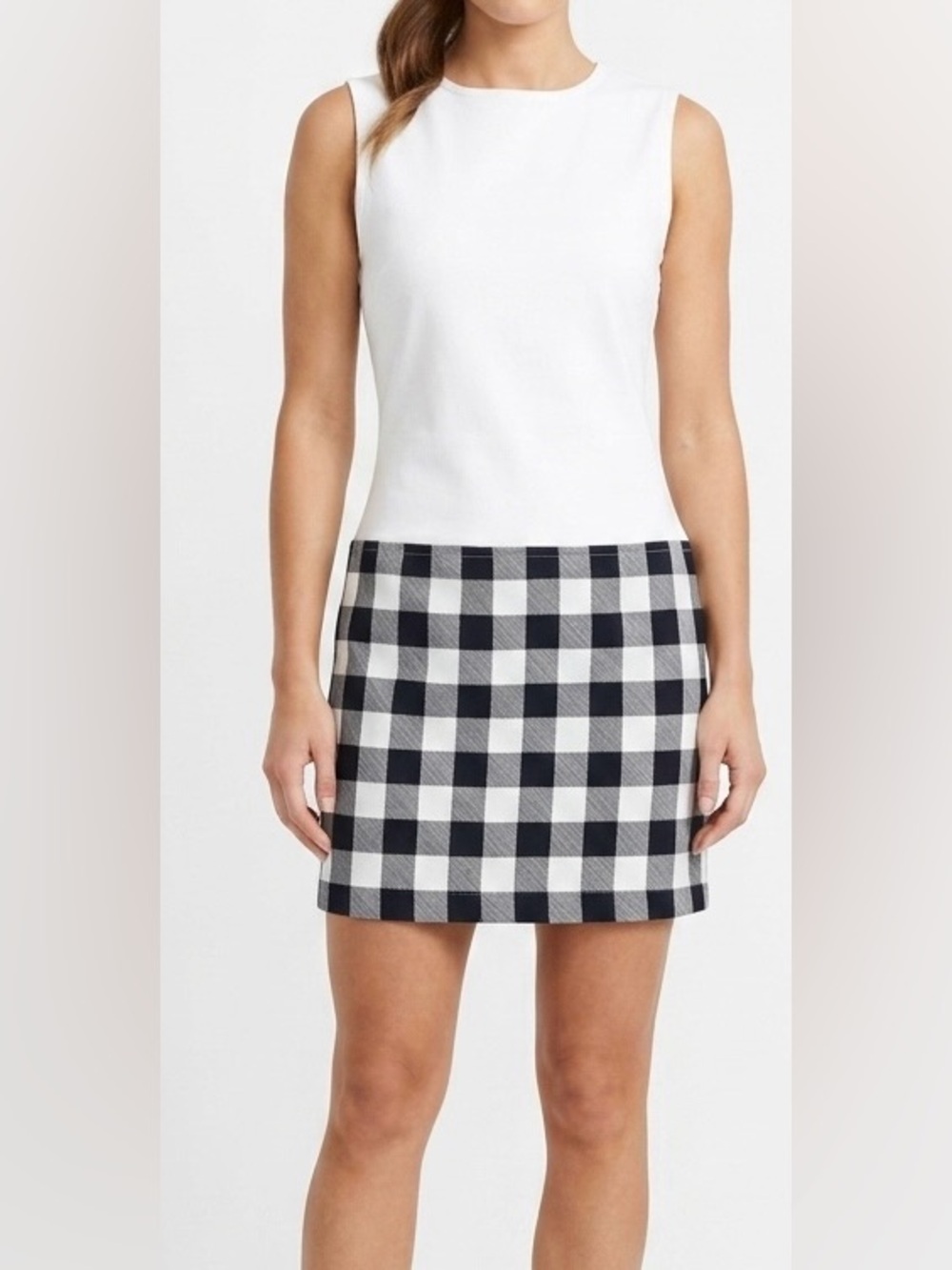 Emanuel Ungaro Mini Dress White Knit Sleeveless Top Plaid Gingham Skirt